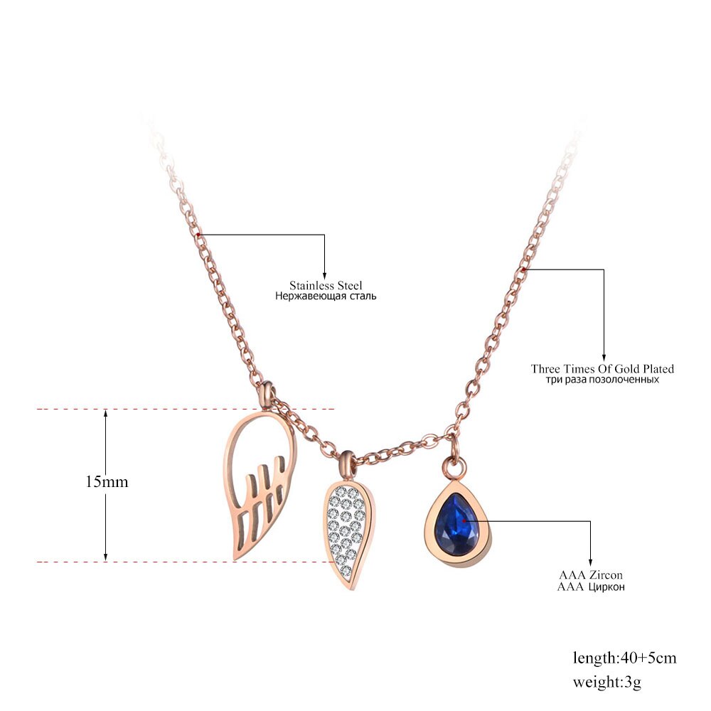 Lokaer Titanium Stainless Steel Angel Wings & Water CZ Crystal Charm Pendant Jewelry Chain Choker Necklace For Women N19094