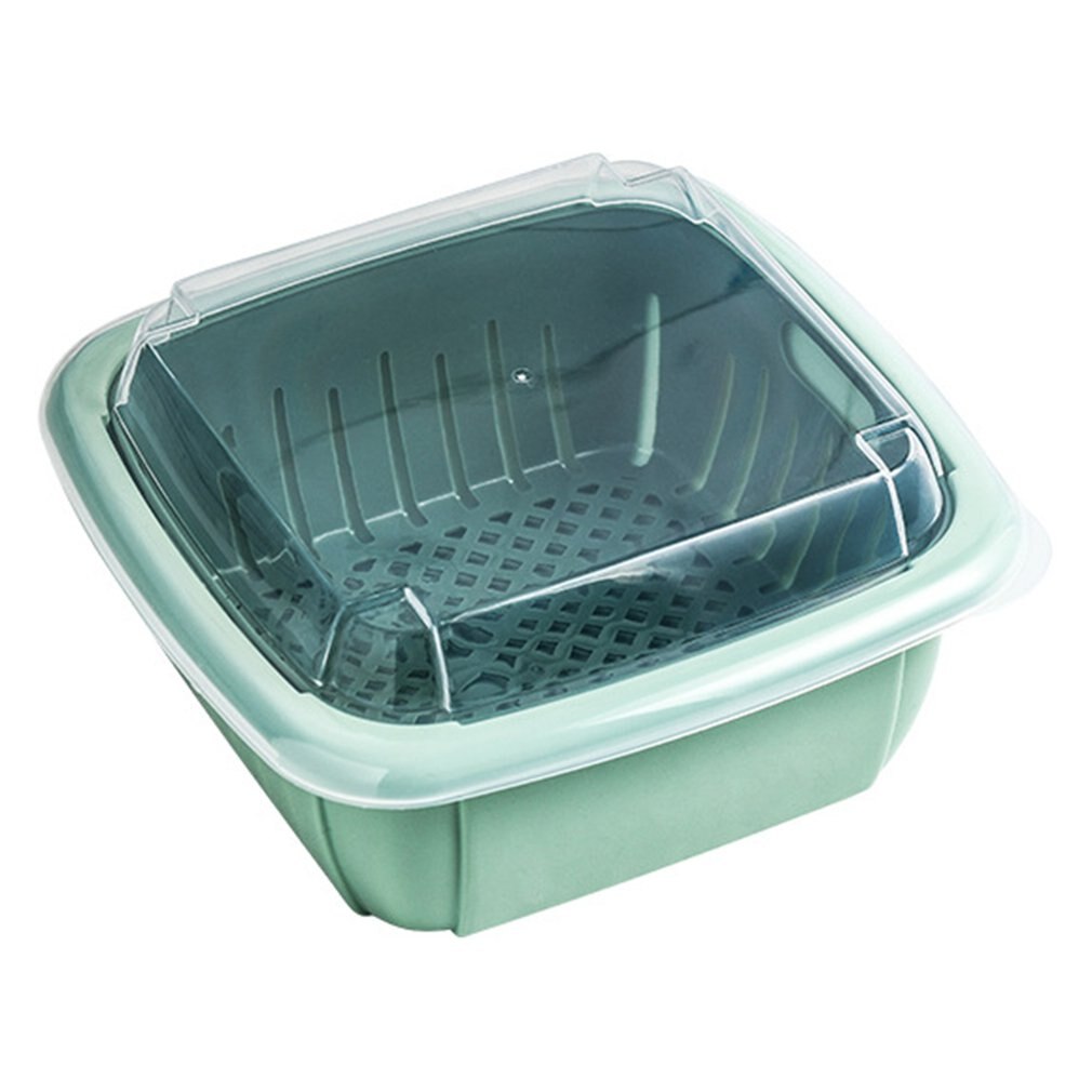 Multifunction Double-layer Drain Basket with Lid Kitchen Refrigerator Drain Storage Box Plastic Fruit Storage Basket: Green