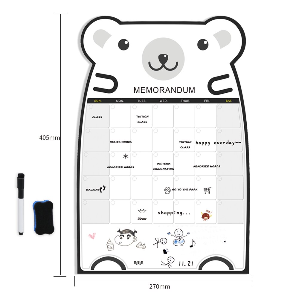 Cute Bear Magnetic Message Whiteboard Office Remind Memo Pad Fridge Magnet To do list Calendar Monthly Daily Planner with Marker