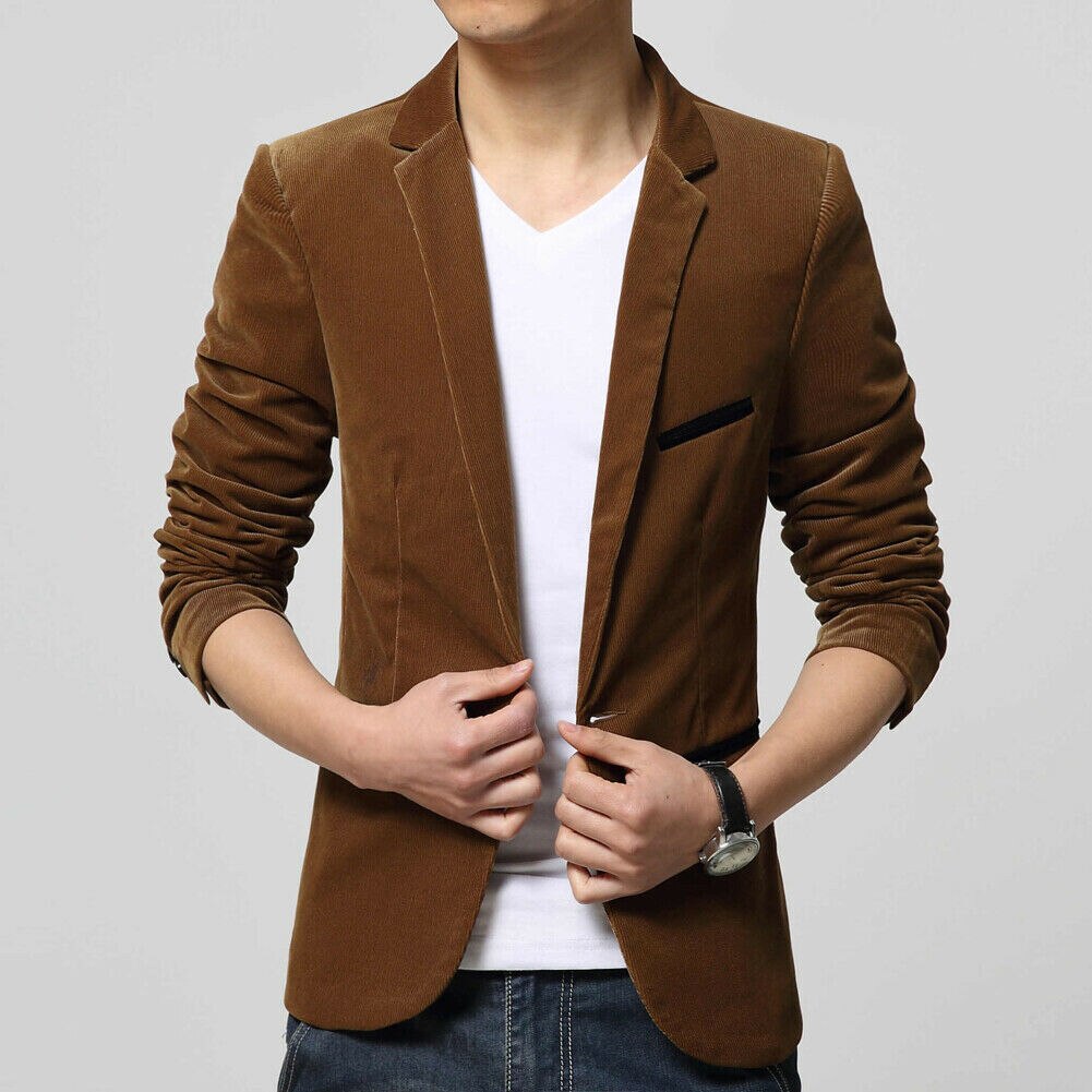 Stylish Jacket Formal One Button Suit Velvet Men's Business Blazer Fit Wedding Button Slim Coat: Khaki / XXXL