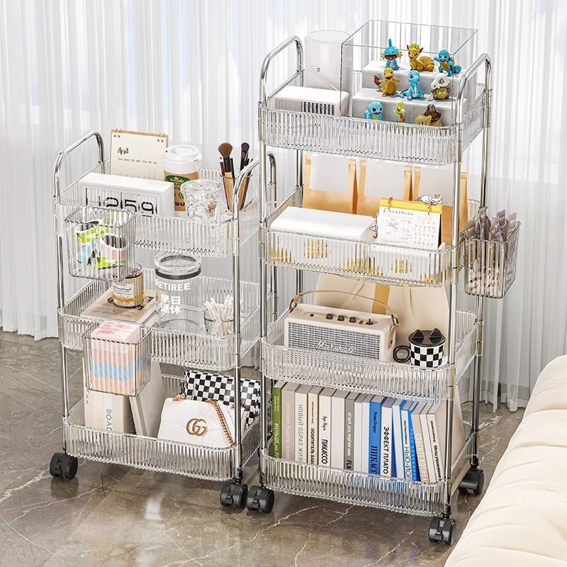 Chariot de rangement transparent à 3 niveaux avec roulettes : organisateur roulant multifonctionnel pour la maison et le bureau, idéal pour la décoration de la chambre à coucher et du salon