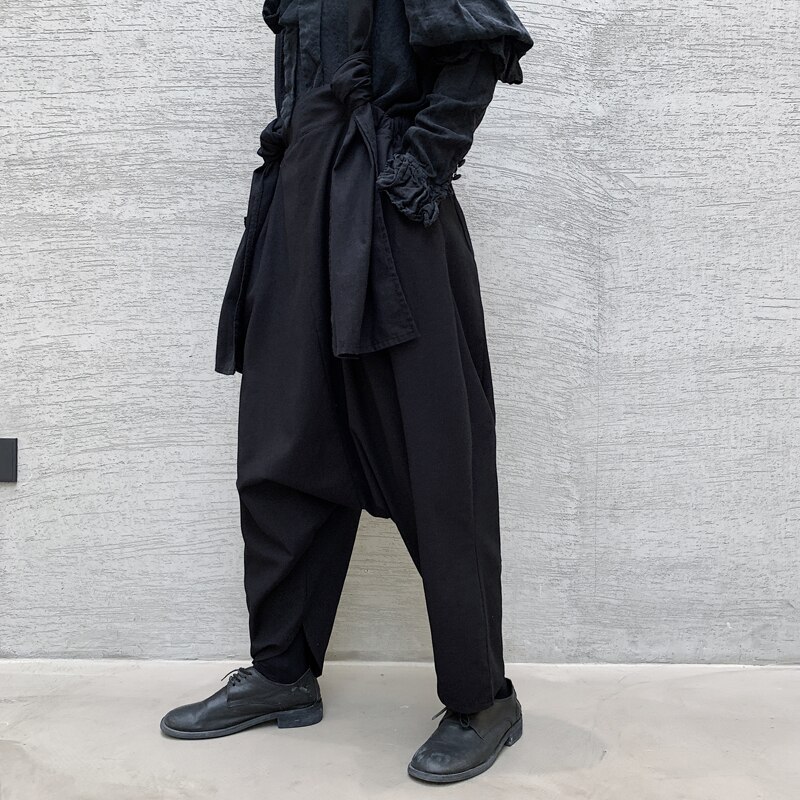 Japão homem moda feminina preto escuro streetstyle hip hop gótico tornozelo comprimento calças roupas de palco masculino solto casual harem bib pant