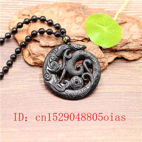 Chinese Natural Black Green Jade Phoenix Pendant Beads Necklace Charm Jewelry Double-sided Hollow Carved Amulet for Her