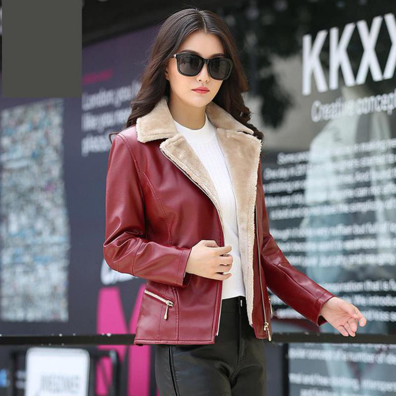 Women winter leather jacket plus velvet Outwear fur one zipper abrigo chamarras de mujer jaqueta de couro feminino