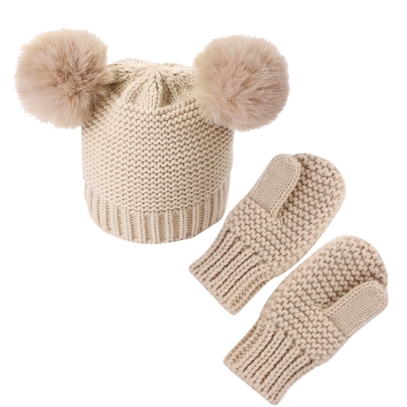 Unisex børn piger drenge baby spædbarn vinter varm hæklet strik hat beanie cap + vanter solid sæt baby handsker tilbehør: Beige