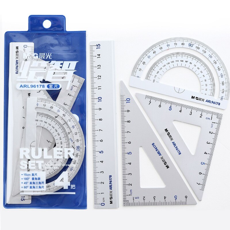 Aluminium Alloy Ruler Set 4pcs ARL96178 Maths Drawing Metal Geometry Rulers 15cm Straightedge 45/60 Degree Triangle Protractor: Blue Set