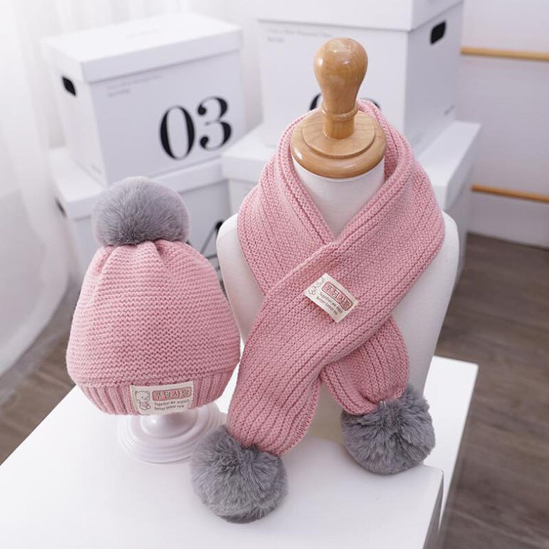 Doitbest 1 to 4 år gamla baby barn mössa hår boll enfärgad 2 st pojkar flickor vinter stickad hatt halsduk set: Rosa