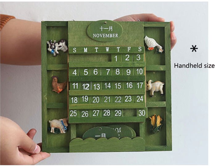 årgang kalender 1 sett håndlaget tre hjem dekorasjon hengende vegg diy søte dyr tre evig veggkalender