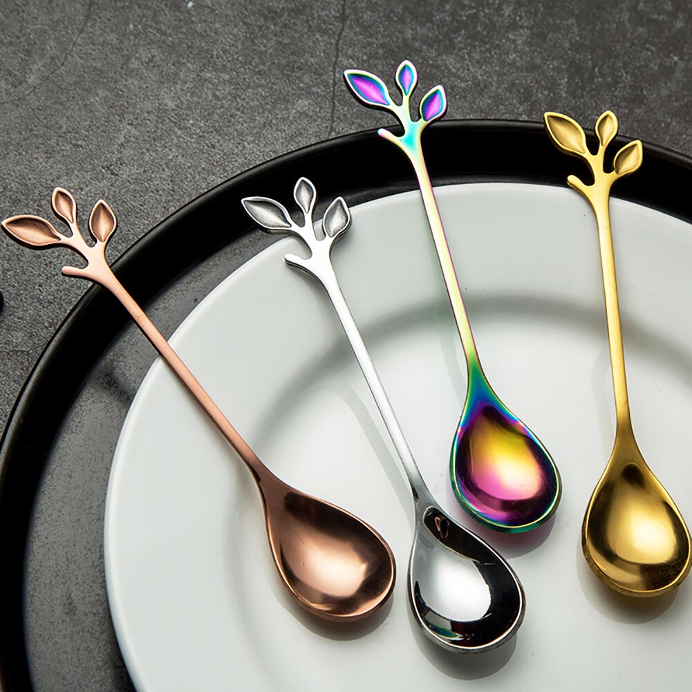 Tenedor para fruta de hoja de acero inoxidable, cuchara para mezclar café no tóxica, tenedores de cocina para fruta, cubiertos