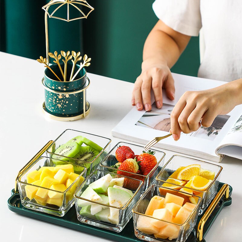 Plateau en verre doré, séparation des fruits secs, bol de séparation des aliments, plateaux décoratifs pour la maison, assaisonnement de cuisine, combinaison de vaisselle