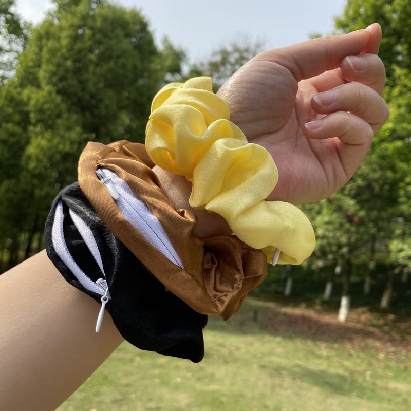 Women Satin Zip Scrunchies Elastic Velvet Hairbands Leopard Crunchy Hair Ties Pocket Scrunchie Holder With Zipper Headwear