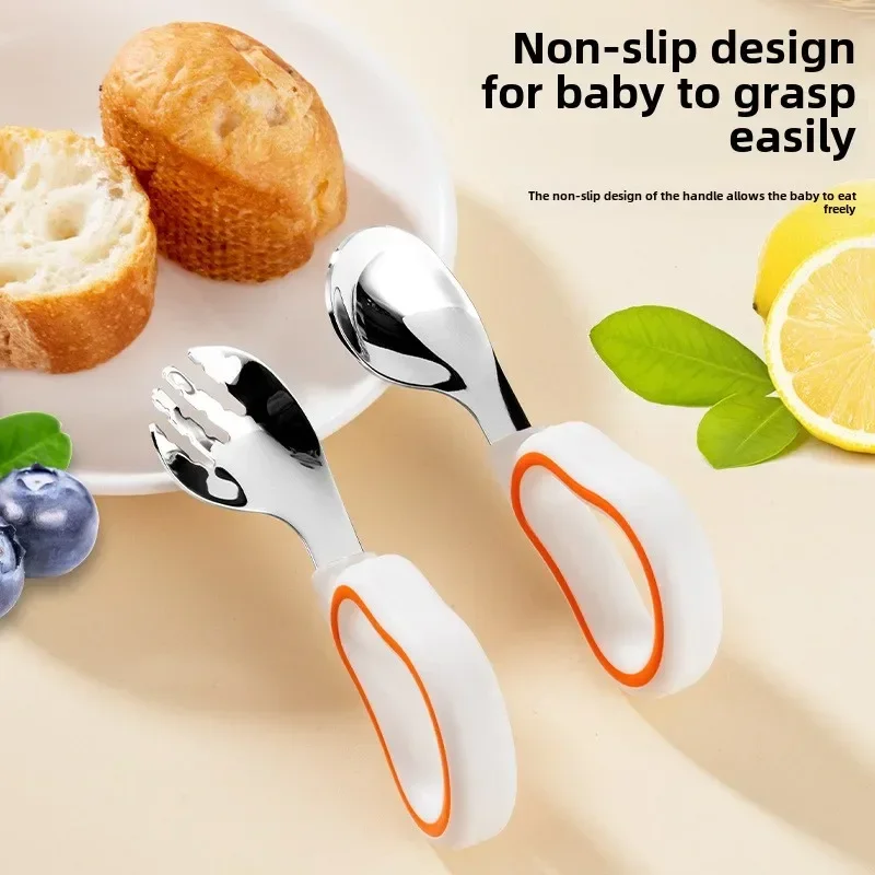 1PCS Baby Eating Training Soft Silicone Fork Spoon Short Handle Baby Easy To Grip 316 Stainless Steel Fork Spoons