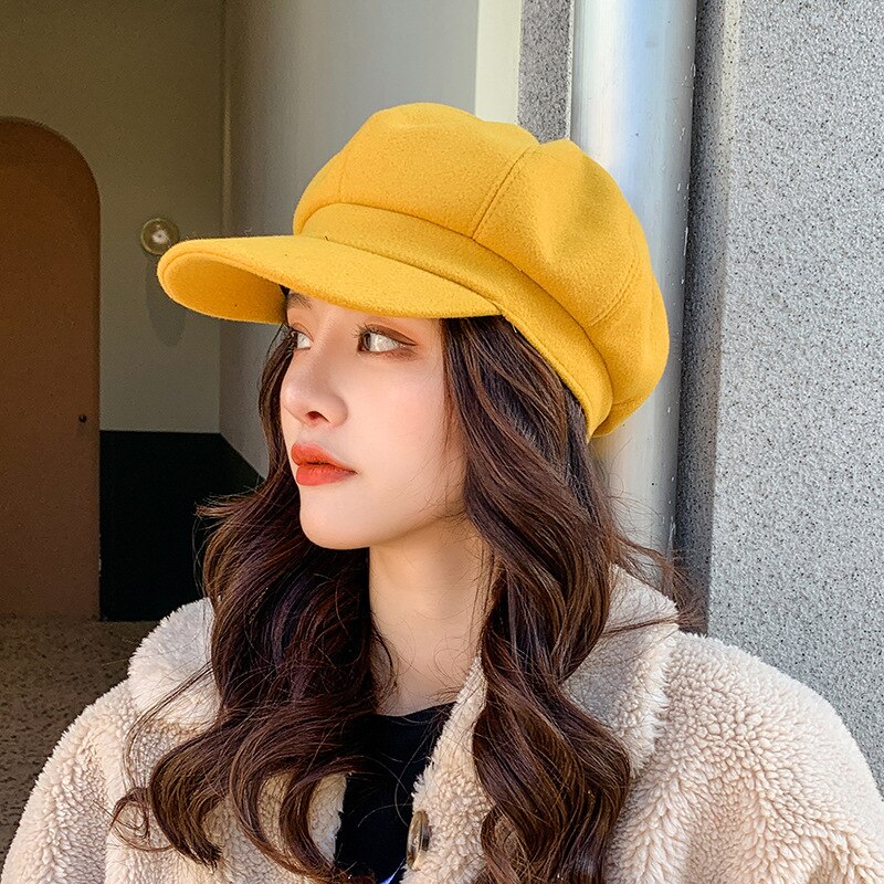 YQYXCY Winter Hats For Women Thickened Warm Beret Octagonal Hat Female Retro Painter Cap Solid Color Newsboy Cap Gorras Korean