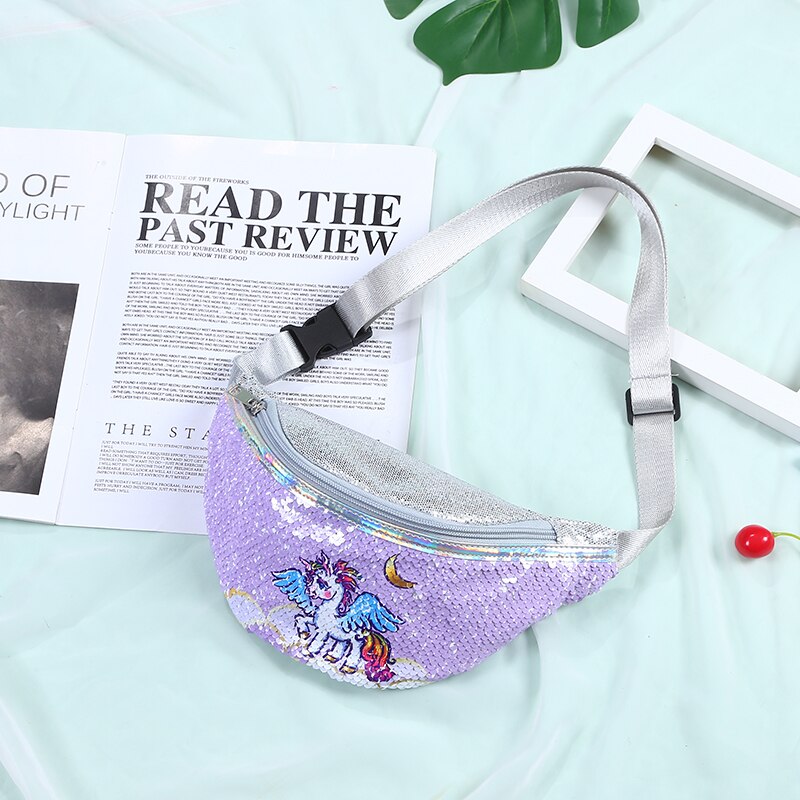 women leather waist bag cartoon sequin fanny pack for kid girl cute phone chest bag female belt bag fanny packs: 9