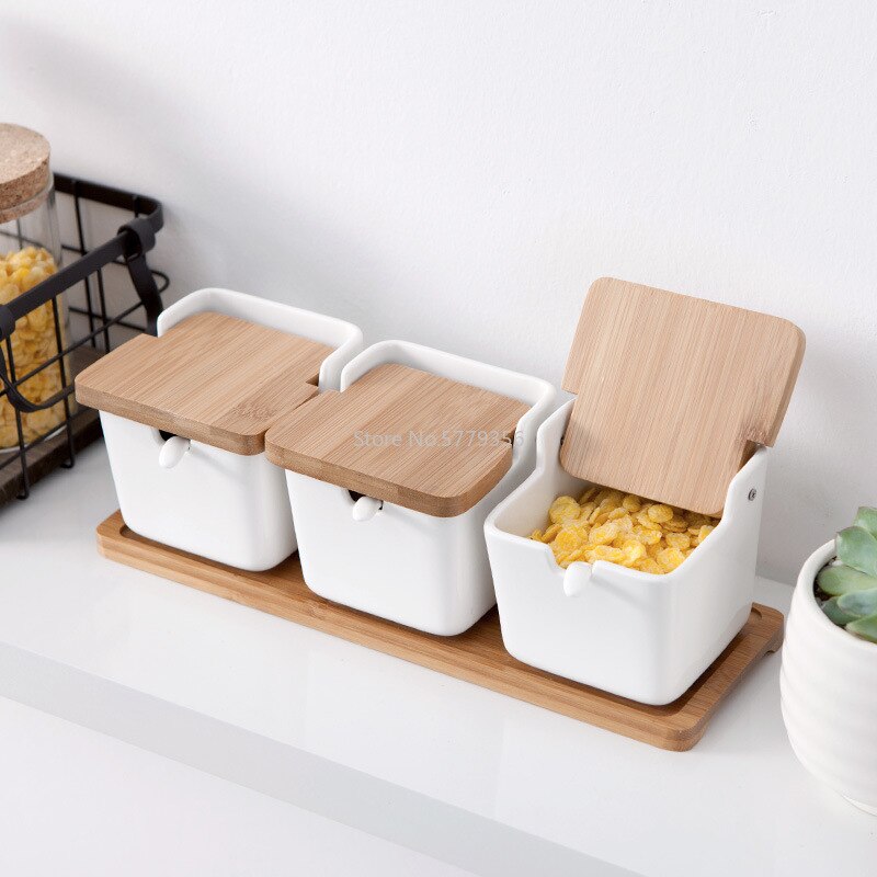 Set Van 4 Keramische Kruiden Rack Spice Potten Kommen Met Lepel &amp; Porselein Doos En Bamboe Cover-Opslag Container kruiderij Potten