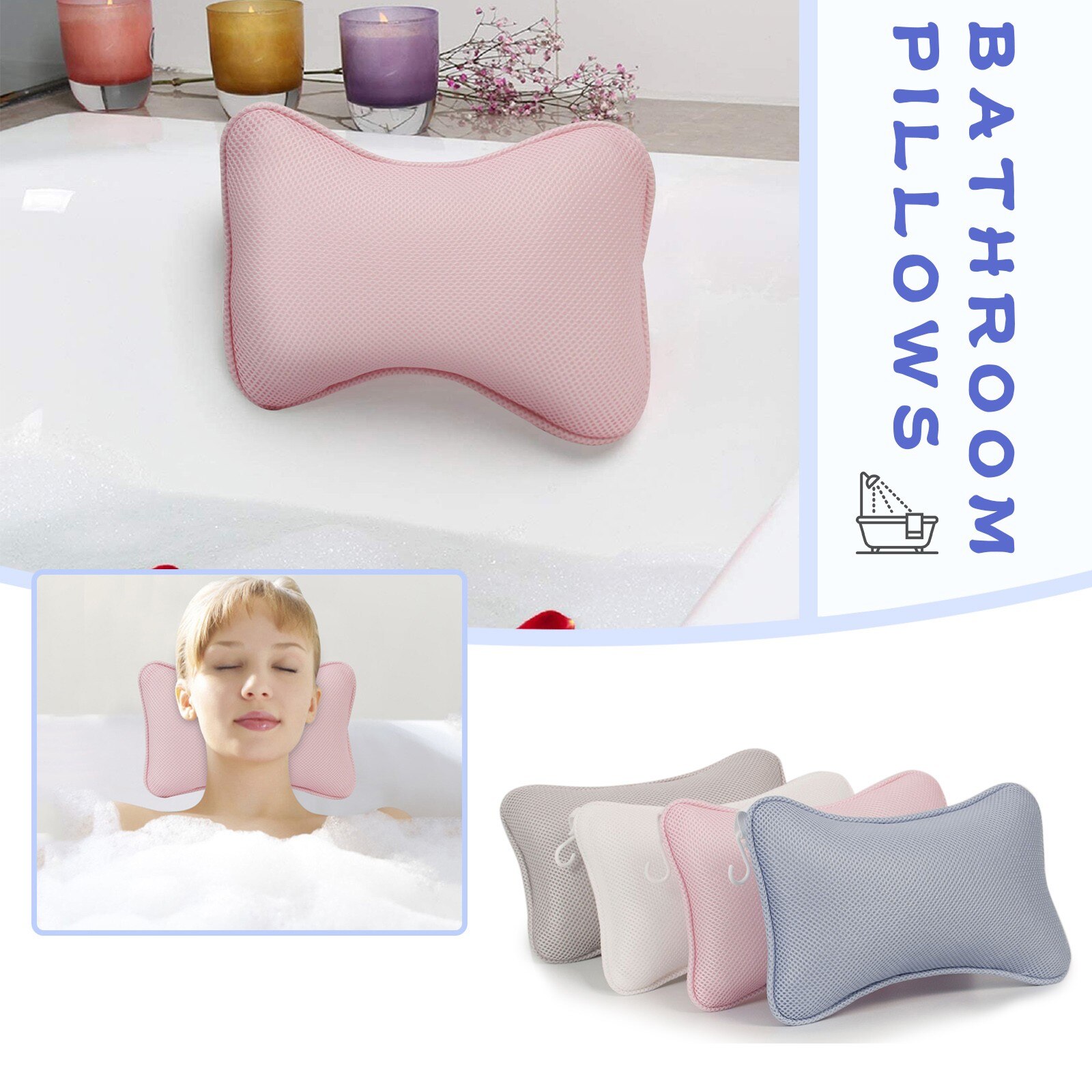 1pcs Non-Slip Cushioned Bath Tub Spa Pillow 3D Mesh Spa Bathtub Head Rest Pillow With Suction Cups For Neck Back Bathroom Supply