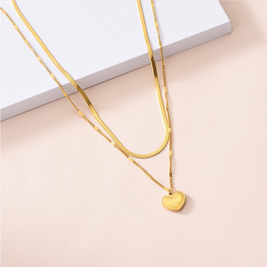 316L Stainless Steel Jewelry Heart Carving love you 2 Layer Charms Choker Snake Bone Chain Necklaces Pendants For Women