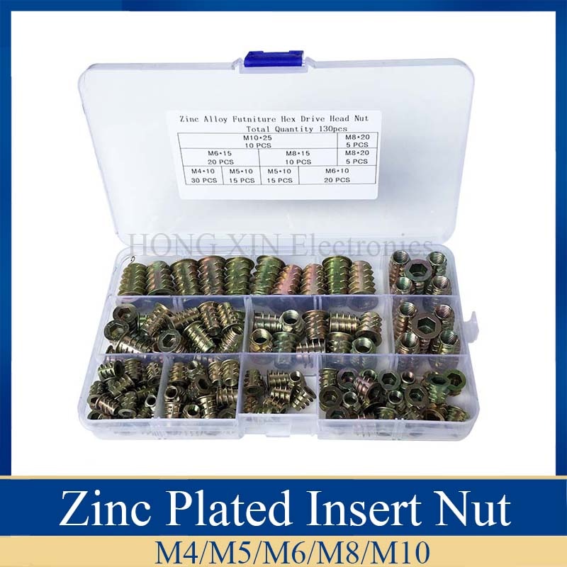 130 Pieces 7 Size M4/M5/M6/M8/M10 Metric Threaded Inserts Nuts Assortment Tool Kit for Wood Furniture Zinc Alloy Furniture Bolt