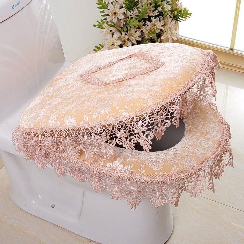 3-Piece Toilet Seat Cover Set – Lace Tank & Lid Pads, Floral D-Shaped Bathroom Decor