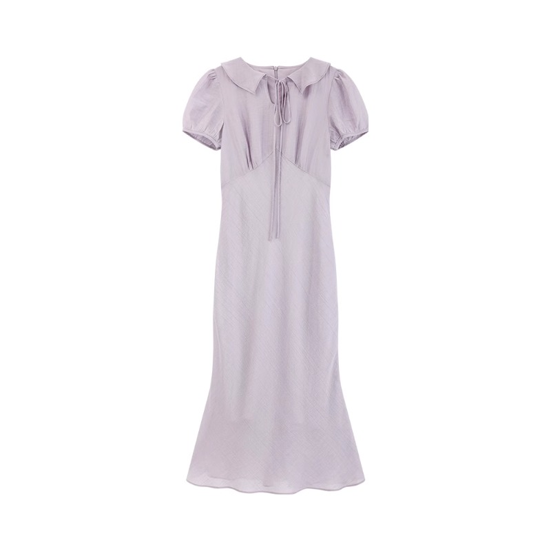 Women French Style Purple Short Sleeve Dress Waist-Cinching Puff Sleeve Long Dress Petite Fit Soft and Feminine Dress