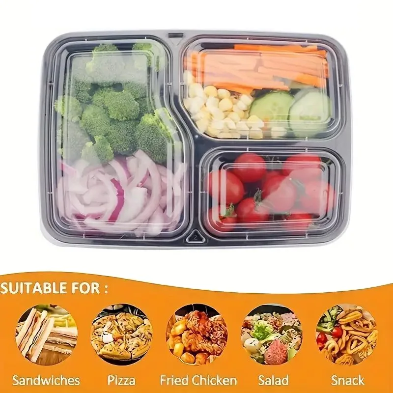 5/10 stuks zwarte wegwerp lunchboxen met twee of drie compartimenten, fastfoodverpakking met deksel, vershoudbox