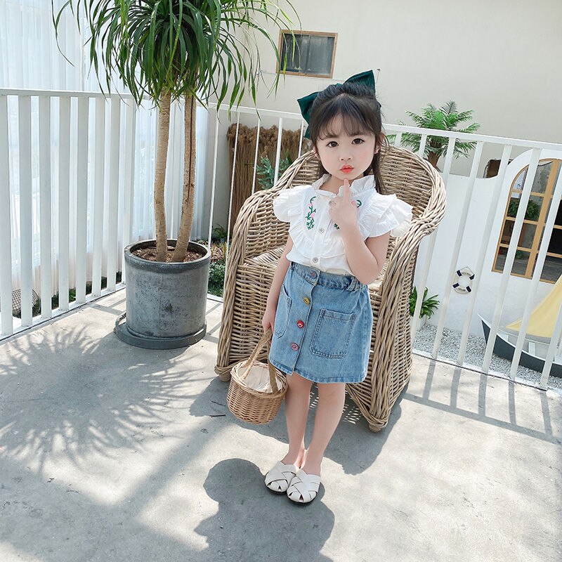 Falda vaquera de verano para niños, Pantalones vaqueros de una sola hilera de botones para niñas, falda acampanada, ropa informal para niñas pequeñas W130