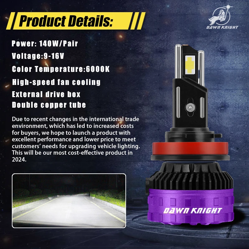 Dawnknight  p7 plus 140w h7 led-strålkastarlampor 6000k 4300k led  h4 h11 hb3 9005 hb4 9006 led dubbla kopparrör 12v 2 st