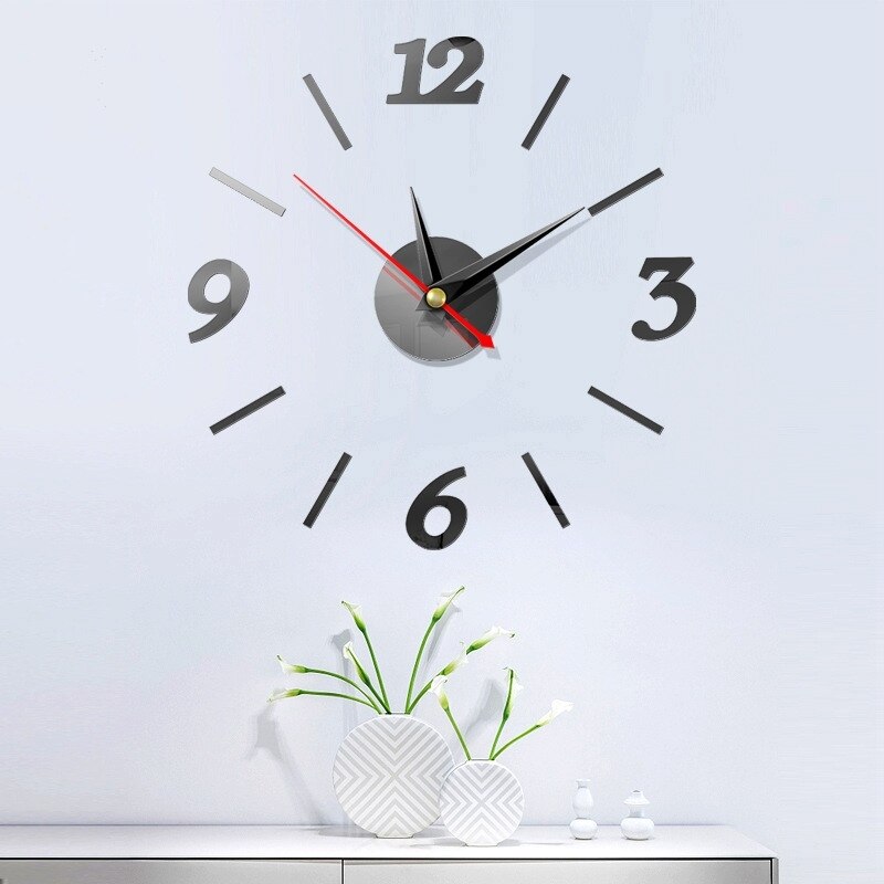 Reloj de pared 3D DIY, decoraciones de pared de cuarzo, adorno de pared de salón, relojes de cocina, espejo acrílico, adhesivos Reloj de pared, decoración del hogar: Black