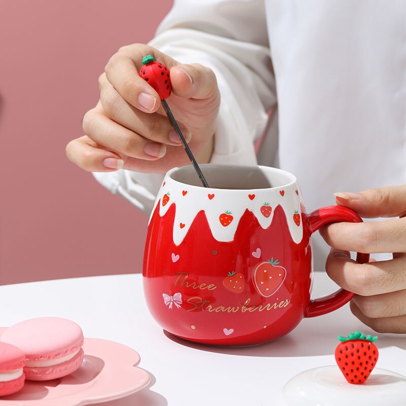 Taza de café con dibujo de fresa en 3D para niña, herramienta ecológica de cerámica para beber té, leche, restaurante, taza de oficina, , J489