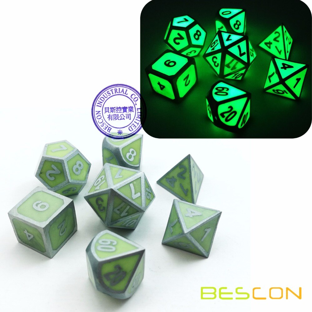 Bescon Super Glow In The Dark Metal Polyhedral D & D Dobbelstenen Set Van 7 Lichtgevende Metallic Rpg Rollenspel game Dice 7 Pcs Set D4-D20