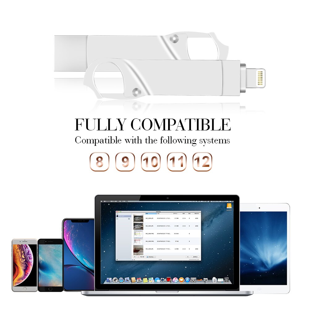 Usb Flash Drive 8GB16G32G64G128G256GB Voor Ipad Iphone 5S/6/6S/7/7Plus/8/X/Xs/Xr 3in1 Pendrive Usb Memory Stick