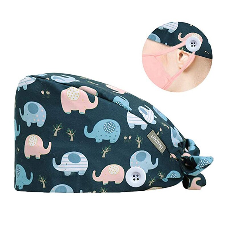 Gorros quirúrgicos para enfermera, gorro sanitario con banda para el sudor, estampado de dibujos animados, enfermería, 1 unidad: Cyan elephant