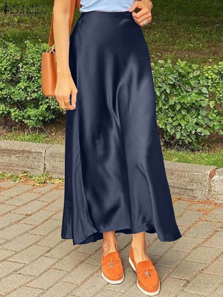 ZANZEA Woman Spring Autumn Satin Silk Skirt Work OL Back Zipper Faldas Saia Jupe Casual Party Solid Sundress 2023: L / Blue