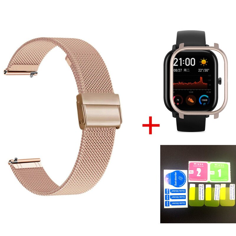 5 i 1 smartwatch tilbehør til huami amazfit bip rem rustfrit stål armbånd magnetisk til amazfit gts case protector film