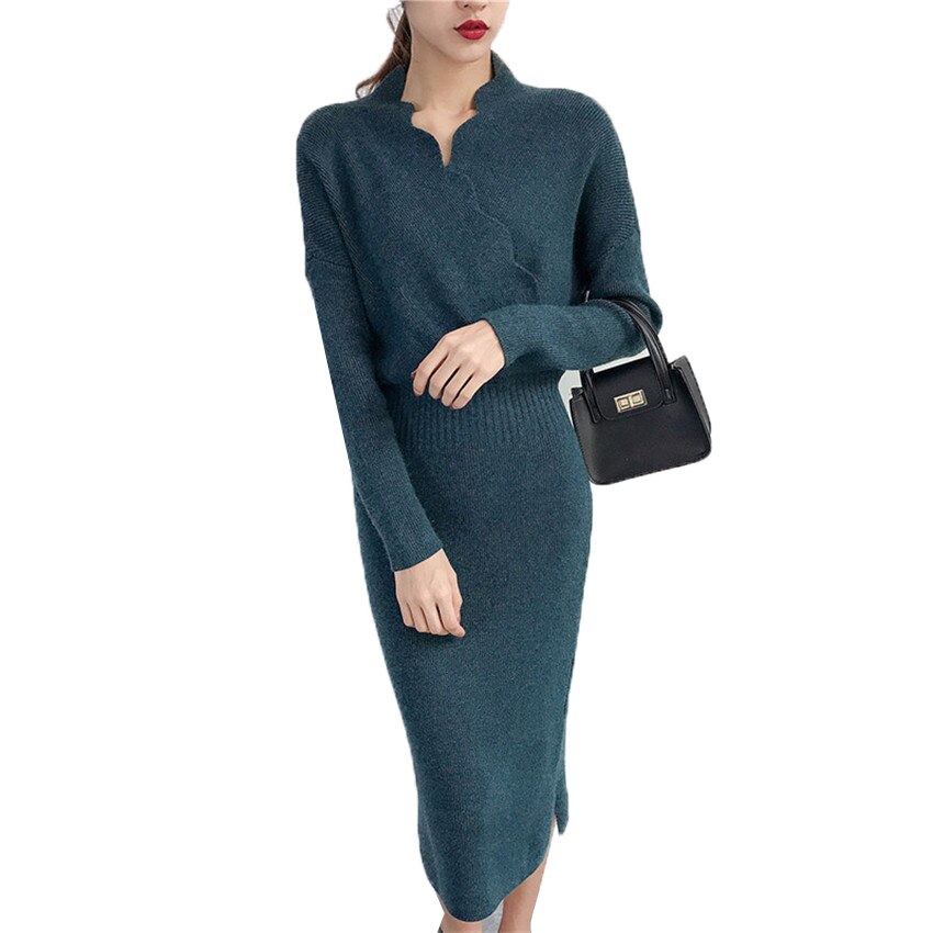 Autumn Winter Slim Knitted Sweater Long Dresses Sexy Sheath Bodycon Pencil Dress Mid-Calf Ruffles Slash Neck V-Neck Dress Mw017