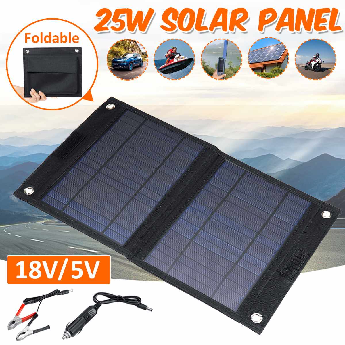25W 18V 5V Waterproof Solar Panel Foldable Dual Output Battery Charger with Cable Charger Outdoor Portable Solar Charging Device
