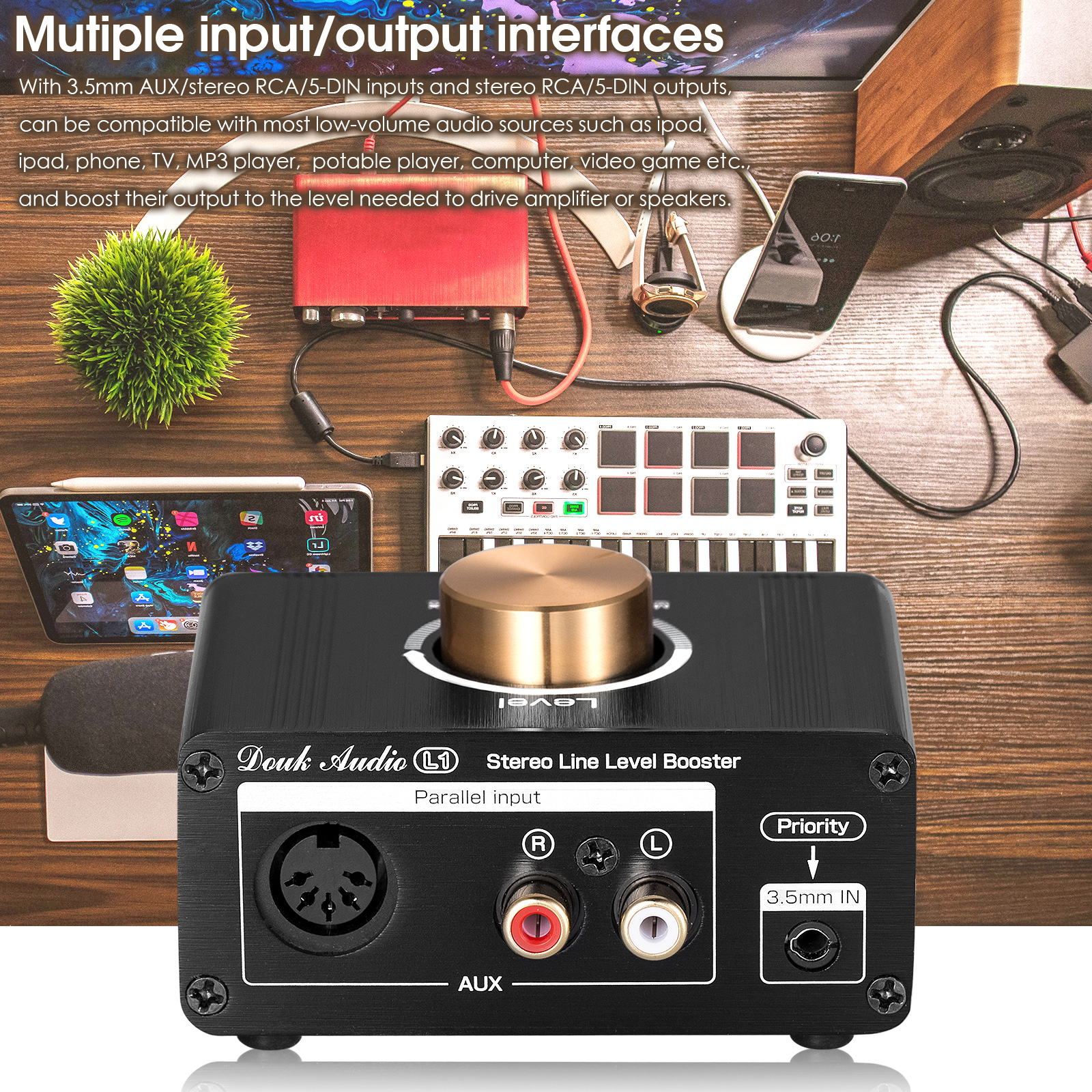 Douk Audio Mini High-gain Stereo Line Level Booster Amplifier Audio Signal Amp HiFi Home Desktop Preamp for MP3/iPod/iPad/iPhone