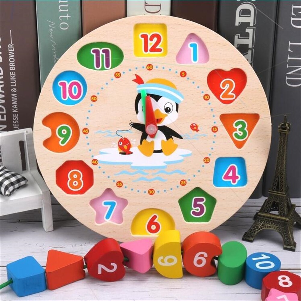 Kids Early Educational Wooden Clock Puzzle Cartoon Animal Shape Tangram Cognitive Digital Clock Assembly