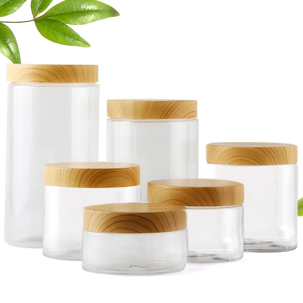 Transparent Vacuum Plastic Lid Container Wood Lid Airtight Canister Kitchen Storage Bottles Cereal Condiment Storage Container: 300ML