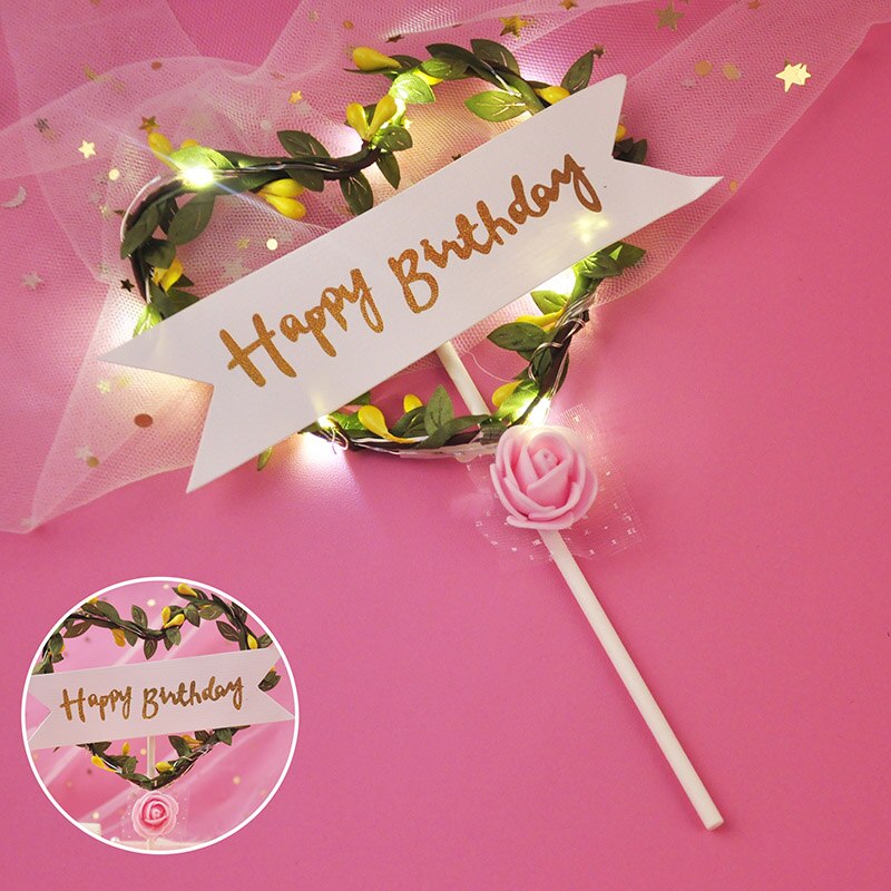 Flower LED Wedding Cake Topper Baby Shower For Girl Happy Birthday Cake Topper Party Decoration Suppliers Cake Decorating Tool