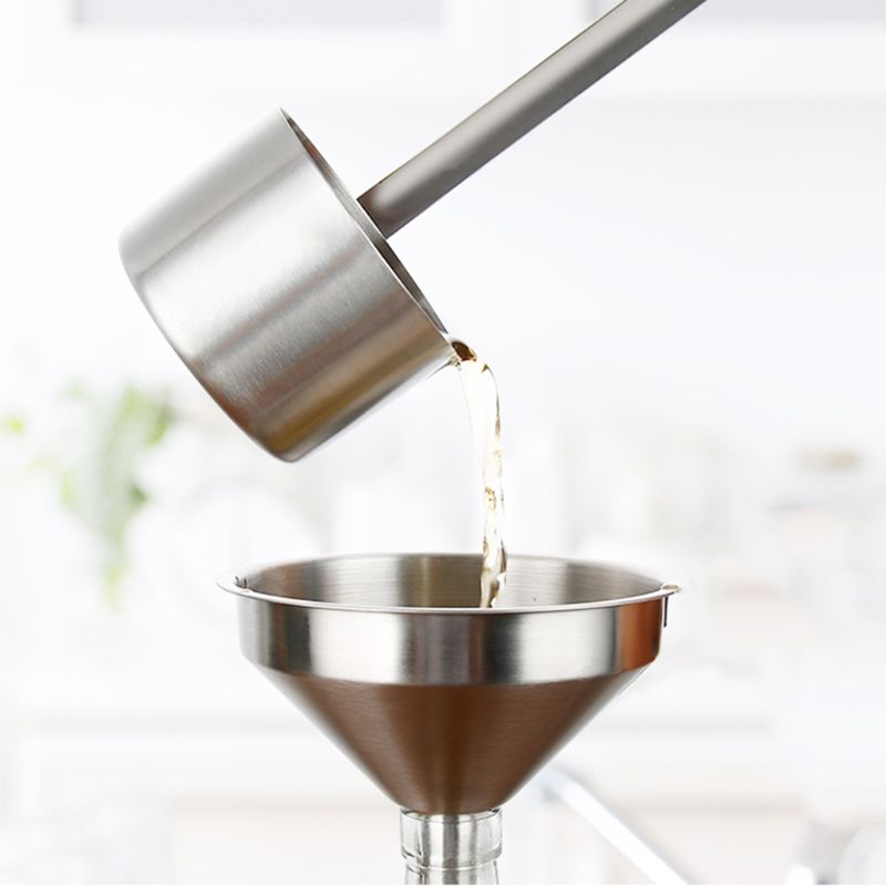 D08D Practical Stainless Steel Wide Mouth Fill Liquid Wine Oil Honey Funnel Kitchen Home Hanging Tools