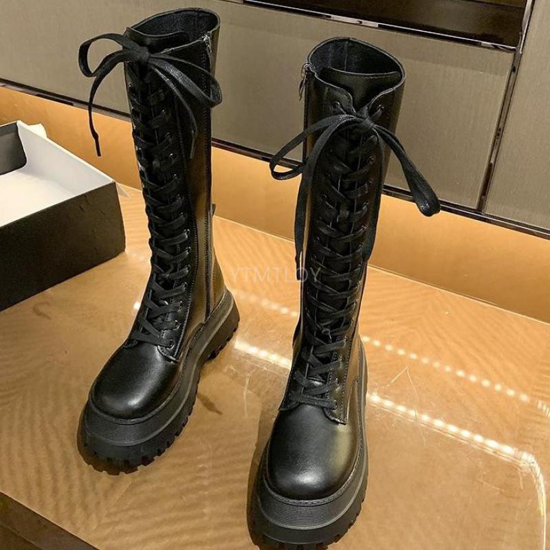 Botas de media caña con plataforma y cordones para Mujer, calzado informal de cuero Pu con cremallera antideslizante, de lujo
