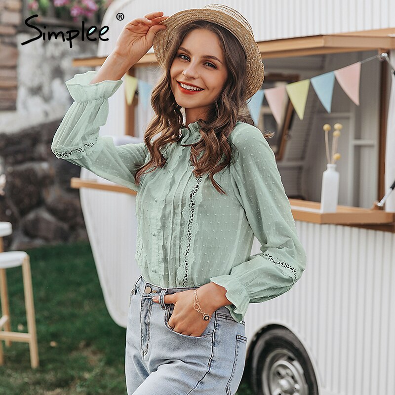 Simplee forår sommer chic hvid bluse vintage udhulet kvindelige kontor damer toppe afslappet blonder lange ærmer korte toppe