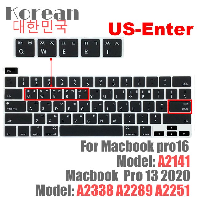 Funda protectora para teclado coreano US-Enter, para Macbook Pro 13Air 11 12 15 touchbar A2159 A1466 A1932/A1990/A1398/A1708: A2141A2289 A2251