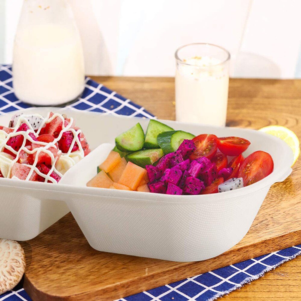 50Pcs Disposable Bento Boxes Sugar Cane Fiber Compostable 2 Compartments Microwave Lunch Boxes Portable Food Storage Containers