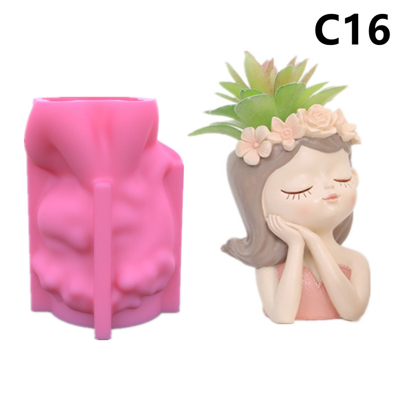 Sweet Girls Clay Flowerpot Silicone Mold Art Sculpture Flower Pot Concrete Cement Resin Molds Pen Storage Box Making Mould: C16