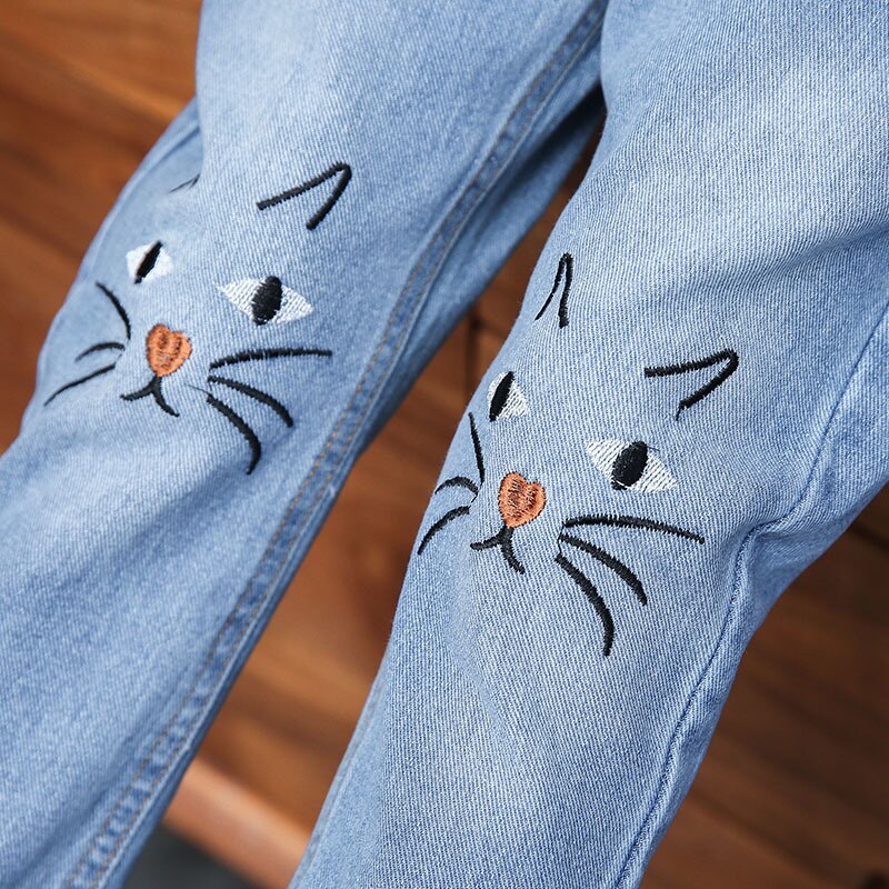 Primavera , pantalones vaqueros para niñas, pantalones con bordado de gato de dibujos animados, ropa de otoño para niñas, pantalones vaqueros para niños, ropa para adolescentes