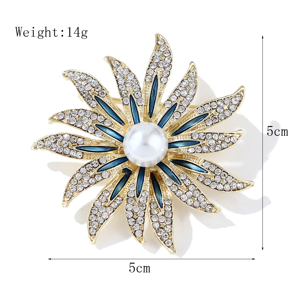 Nuevos broches brillantes de flores de sol para mujer, broche de lujo con perlas grandes y diamantes de imitación, alfileres, joyería, accesorios para traje, de boda: Chapado en zinc azul