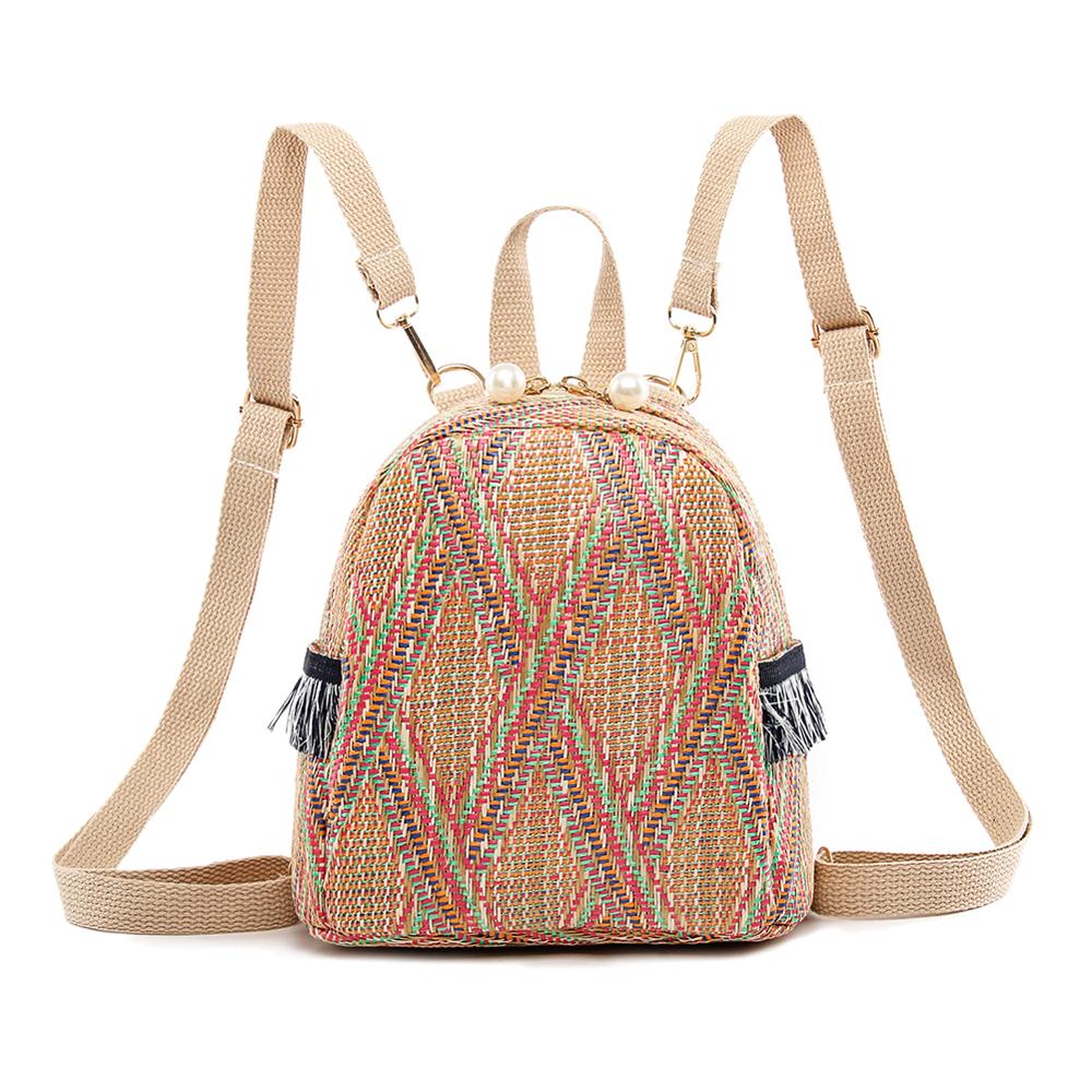 Paglia Intrecciata borsa Da Viaggio Piccolo Sacchetto Zaini Delle Donne Della Banda di Stampa di Spalla Borse Da Scuola Casual di Lavoro A Maglia Zaino Zaino Mochila Mujer