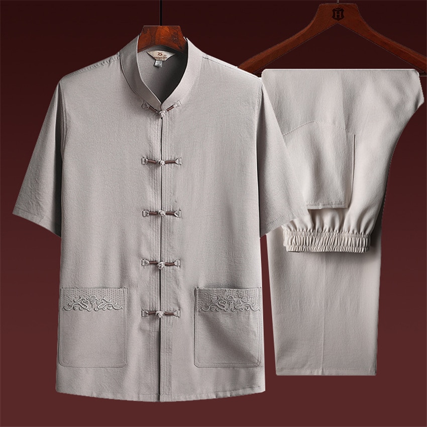 Chinese Traditionele Kleding Tang Pak Mannen Top Bottom Set Kungfu Broek Zomer Korte Mouw Effen Kleur Hanfu Man Broek Jas